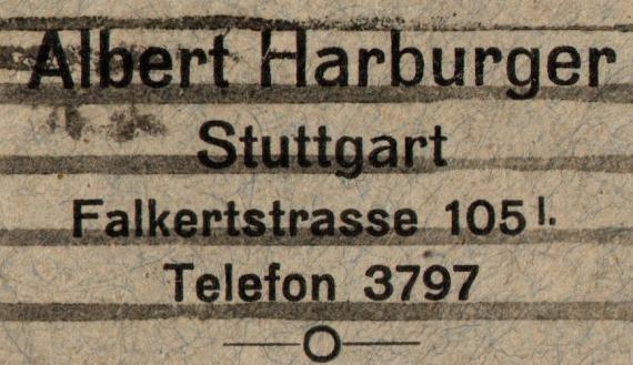 Briefumschlag - Albert Harburger Envelope from " Albert Harburger, Stuttgart, Falkerstraße 105 " - sent on May 11, 1922 to Mr. Hugo Heumann, Ziegelstraße 20, Göppingen - detail enlargement of sender's address