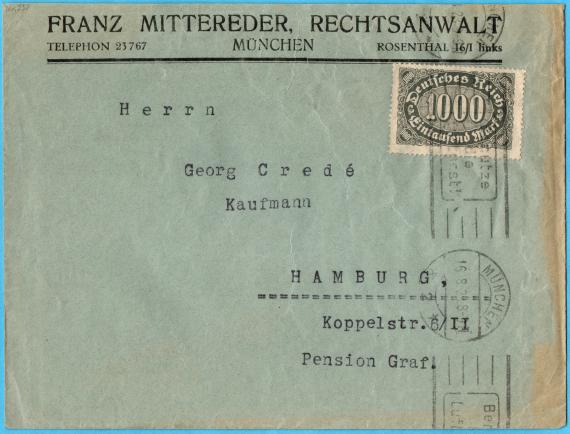 Briefumschlag " Franz Mittereder, Rechtsanwalt, München " - versandt am 16. August 1923