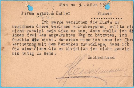 Postkarte - Samuel Fleischmann Postcard of a business nature from " Samuel Fleischmann, Vertreter In. - u. Ausländischer Firmen ", Vienna, VI. Schmalhofgasse 17 - sent on March 30, 1922 - back of card