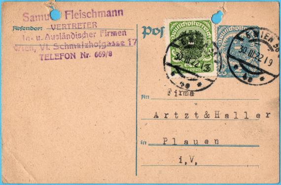Postkarte - Samuel Fleischmann Postcard of a business nature from " Samuel Fleischmann, Vertreter In. - u. Ausländischer Firmen ", Vienna, VI. Schmalhofgasse 17 - sent on March 30, 1922
