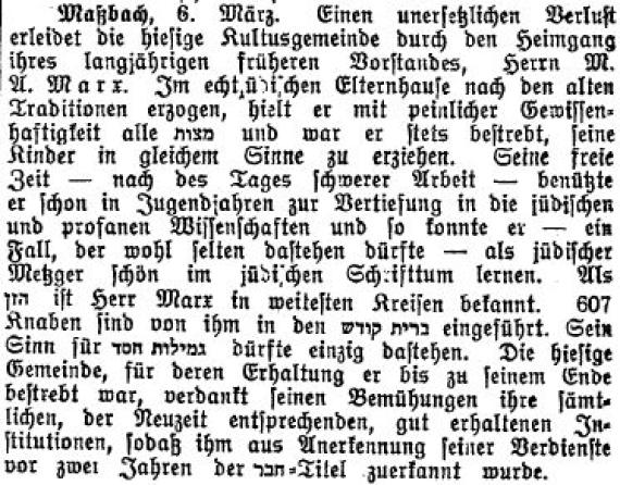 Zum Tod von M. A. Marx - langjähriger Gemeindevorsteher, Beschneider u.a.m. (1924)