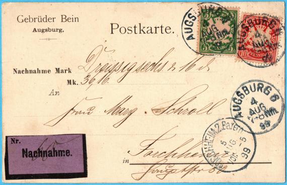 Postkarte - Gebrüder Bein Postcard - cash on delivery - from " Gebrüder Bein, Augsburg " - sent on August 4, 1899