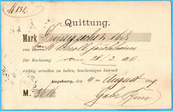 Postkarte - Gebrüder Bein Postcard - cash on delivery - from " Gebrüder Bein, Augsburg " - sent on August 4, 1899 - back of card