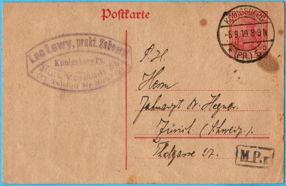 Postkarte - Leo Lewy Postkarte von " Leo Lewy ", prakt. Zahnarzt, Königsberg Pr, Hintere Vorstadt 53 - versandt am 5. September 1919