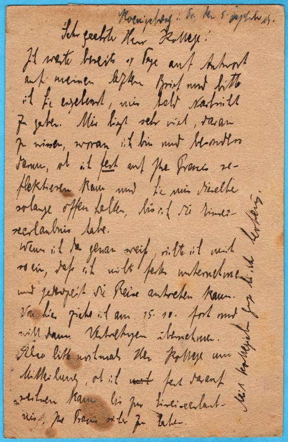Postkarte - Leo Lewy Postkarte von " Leo Lewy ", prakt. Zahnarzt, Königsberg Pr, Hintere Vorstadt 53 - versandt am 5. September 1919 - Kartenrückseite