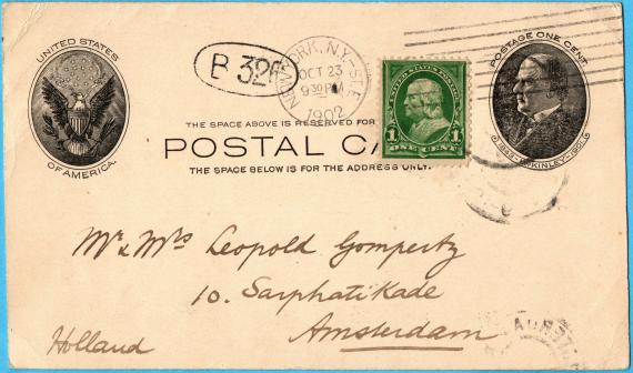 Postkarte - Leopold Gompertz Postkarte an " Mr. & Mrs. Leopold Gompertz ", 10. Sarphati Kade, Amsterdam - versandt am 23. Oktober 1902