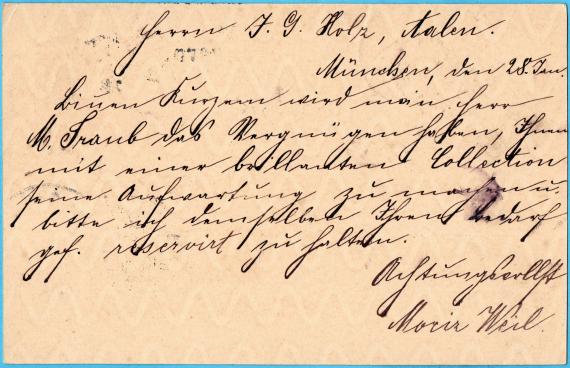 Postkarte - Moriz Weil Postkarte geschäftlicher Art ( Vertreter-Besuchsankündigung) von " Moriz Weil, München " - versandt am 28. Januar 1887 - Kartenrückseite