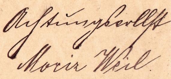 Postkarte - Moriz Weil Postkarte geschäftlicher Art ( Vertreter-Besuchsankündigung) von " Moriz Weil, München " - versandt am 28. Januar 1887 - Ausschnittvergrößerung - persöniche Unterschrift " Moriz Weil "