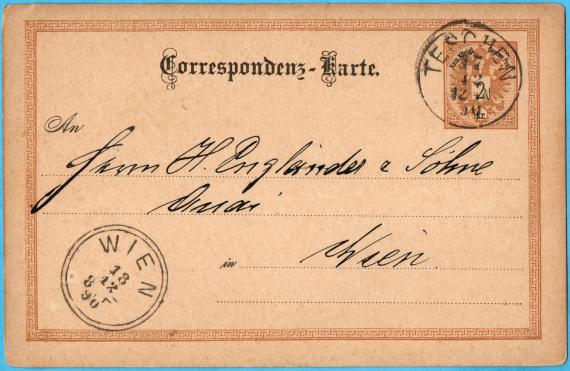 Postkarte - H. Engländer & Söhne Postcard of a business nature to Mr. " H. Engländer & Söhne ", Quai, Vienna - sent on December 17, 1890