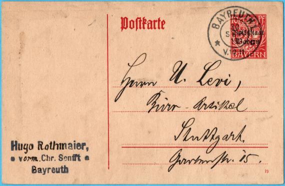 Postkarte - Uri Levi Postkarte geschäftlicher Art an Herrn " U. Levi, Büro-Artikel, Stuttgart, Gartenstraße 15 " - versandt am 30. September 1919
