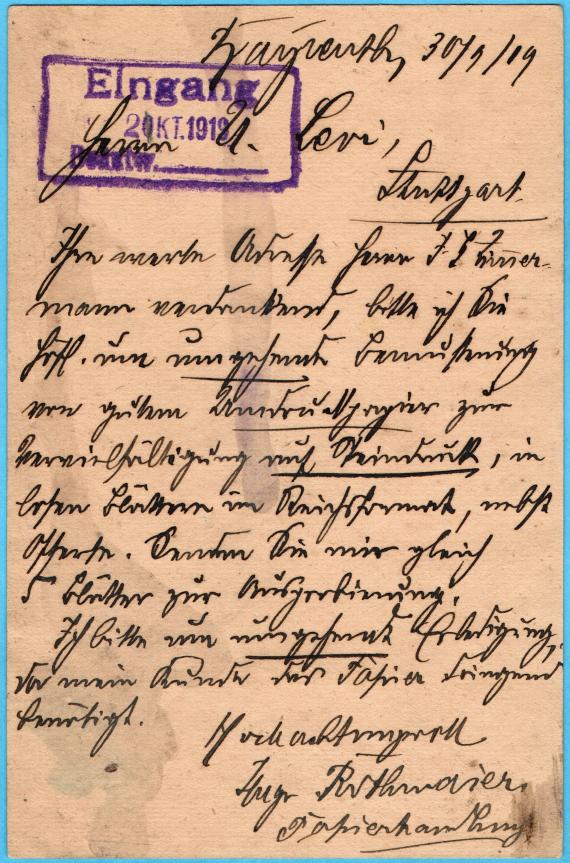 Postkarte - Uri Levi Postkarte geschäftlicher Art an Herrn " U. Levi, Büro-Artikel, Stuttgart, Gartenstraße 15 " - versandt am 30. September 1919 - Kartenrückseite