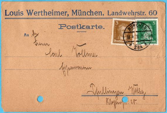 Postkarte geschäftlicher Art von " Louis Wertheimer, München, Landwehrstraße 60 "  -  versandt am 18. April 1928 