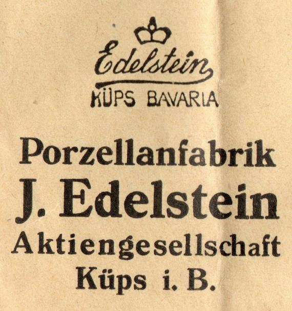 Geschäfts-Briefumschlag - Porzellanfabrik J. Edelstein Geschäfts-Briefumschlag - " Porzellanfabrik J. Edelstein Aktiengesellschaft ", Küps i. B. - versandt am 24. März 1928 - Auschnittvergrößerung Firmenname
