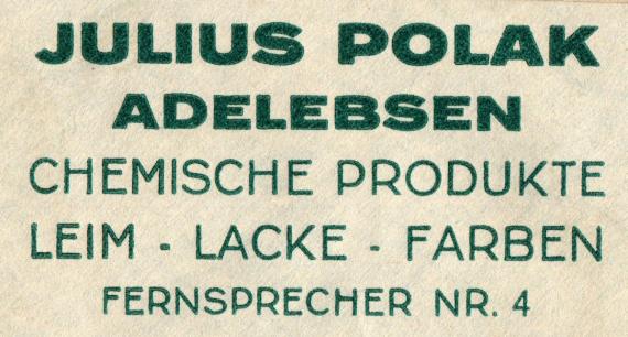 Briefumschlag - Julius Polak Geschäfts-Briefumschlag " Julius Polak, Adelebsen, Chemische Produkte, Leim, Lacke, Farben " versandt am 23. Juli 1931 - Ausschnittvergrößerung Firmenname