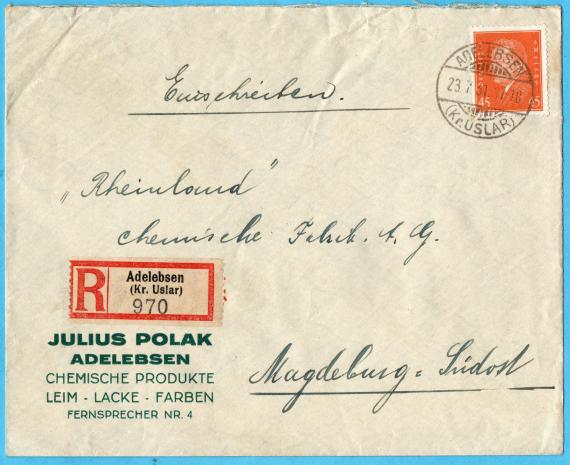 Briefumschlag - Julius Polak Geschäfts-Briefumschlag " Julius Polak, Adelebsen, Chemische Produkte, Leim, Lacke, Farben " versandt am 23. Juli 1931