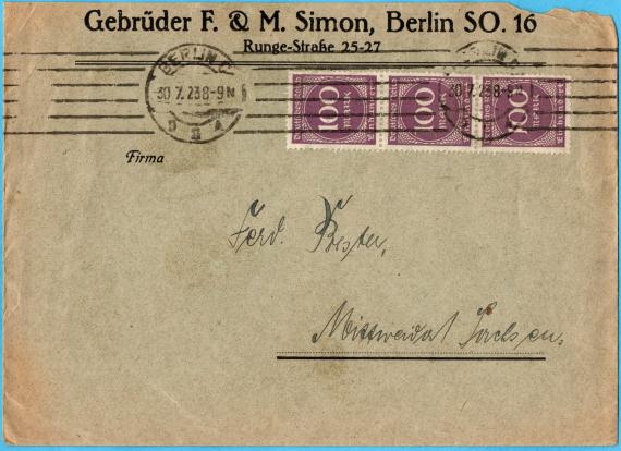 Briefumschlag - Gebrüder F. & M. Simon, Berlin Geschäfts-Briefumschlag der " Gebrüder F. & M. Simon, Berlin SO. 16, Rungestraße 25-27 " - versandt am 30. Juli 1923