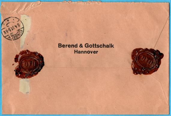 Briefumschlag - Berend & Gottschalk Briefumschlag von " Berend & Gottschalk " - versandt am 5. April 1937 als Einschreiben mit Nachnahme, rückseitig versiegelt - Briefrückseite