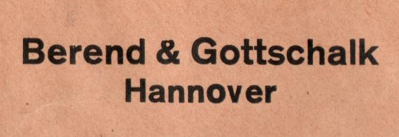 Briefumschlag - Berend & Gottschalk Briefumschlag von " Berend & Gottschalk " - versandt am 5. April 1937 als Einschreiben mit Nachnahme, rückseitig versiegelt - Ausschnittvergrößerung Geschäftsadresse