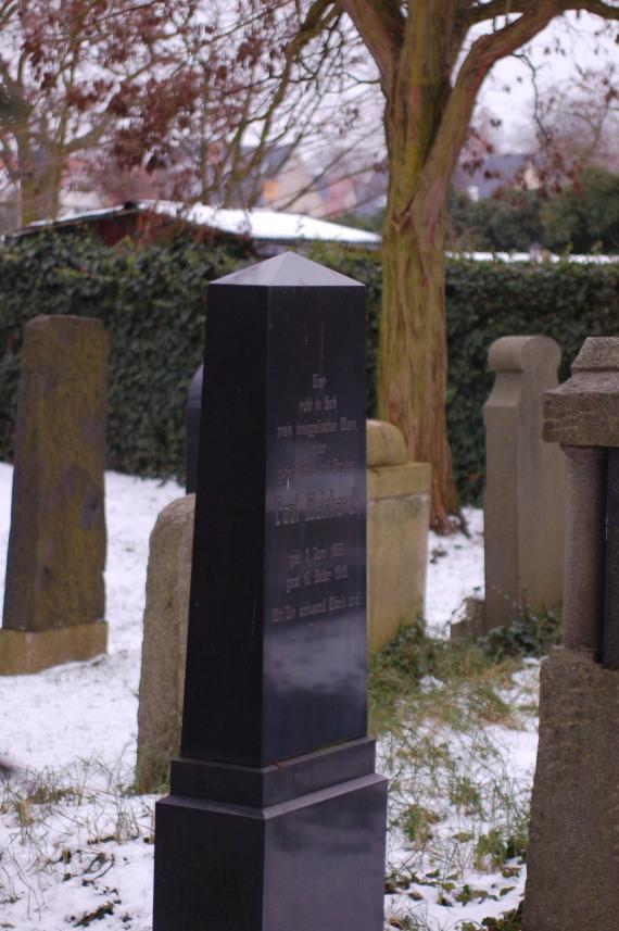 Ein 2,40 m hoher Grabstein. Diese Seite zeigt die deutsche Inschrift Ein 2,40 m hoher Grabstein. Diese Seite zeigt die deutsche Inschrift