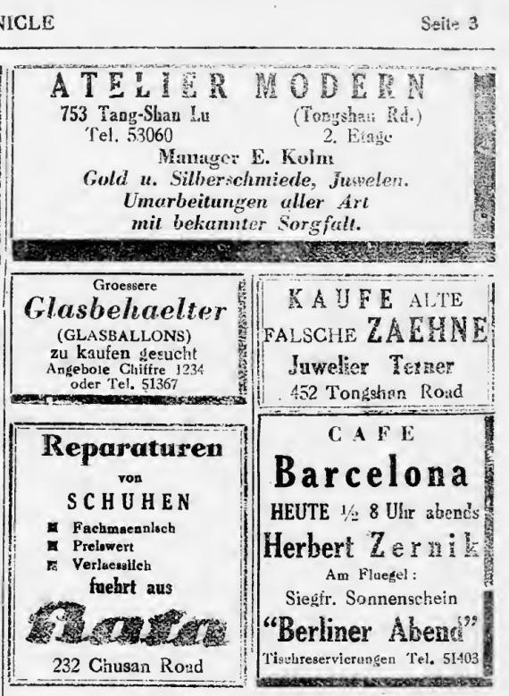 Shanghai Jewish Chronicle -  Kleinanzeigen