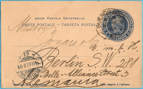 Postcard of a business nature from Buenos Aires to Mr. " Jonass & Co. ", Berlin S.W. 281, Belle-Alliance-Street 3 - sent on October 18, 1907