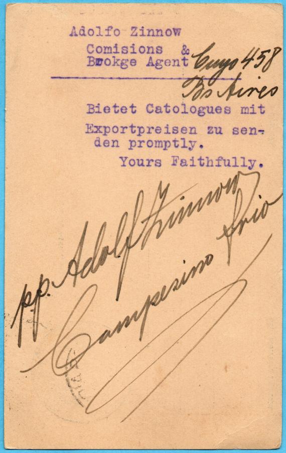 Postcard of a business nature from Buenos Aires to Mr. " Jonass & Co. ", Berlin S.W. 281, Belle-Alliance-Street 3 - sent on October 18, 1907 - back of card