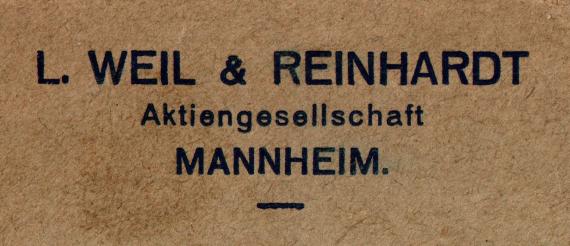 Briefumschlag _ L. Weil & Reinhardt Aktiengesellschaft Geschäfts-Briefumschlag der " L. Weil & Reinhardt Aktiengesellschaft, Mannheim " - versandt am 11. Januar 1923 - Ausschnittvergrößerung Firmenname