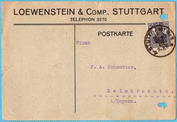 Postkarte - Loewenstein & Comp. Postkarte geschäftlicher Art von " Loewenstein & Comp., Stutttgart " - versandt am 29. Dezember 1919