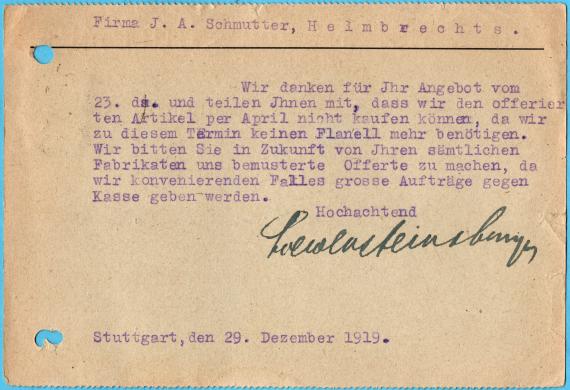 Postkarte - Loewenstein & Comp. Postkarte geschäftlicher Art von " Loewenstein & Comp., Stutttgart " - versandt am 29. Dezember 1919 - Kartenrückseite