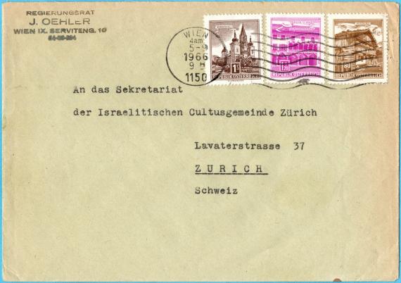 Briefumschlag - Israelitische Cultusgemeinde Zürich Briefumschlag an das " Sekretariat der Israelitischen Cultusgemeinde Zürich ", Lavaterstraße 37, Zürich, Schweiz - versandt von Wien am 5. September 1966