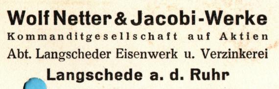 Postkarte - Wolf Netter & Jacobi-Werke Geschäfts-Postkarte " Wolf Netter & Jacobi-Werke, Abt. Langscheder Eisenwerk u. Verzinkerei ", Langschede a.d. Ruhr - versandt am 22. Juli 1936 - Ausschnittvergrößerung Firmemanschrift