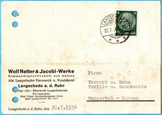 Postkarte - Wolf Netter & Jacobi-Werke Geschäfts-Postkarte " Wolf Netter & Jacobi-Werke, Abt. Langscheder Eisenwerk u. Verzinkerei ", Langscheder a.d. Ruhr - versandt am 22. Juli 1936