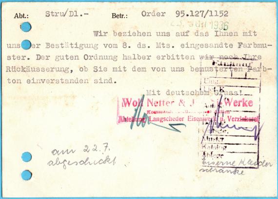 Postkarte - Wolf Netter & Jacobi-Werke Geschäfts-Postkarte " Wolf Netter & Jacobi-Werke, Abt. Langscheder Eisenwerk u. Verzinkerei ", Langschede a.d. Ruhr - versandt am 22. Juli 1936 - Kartenrückseite