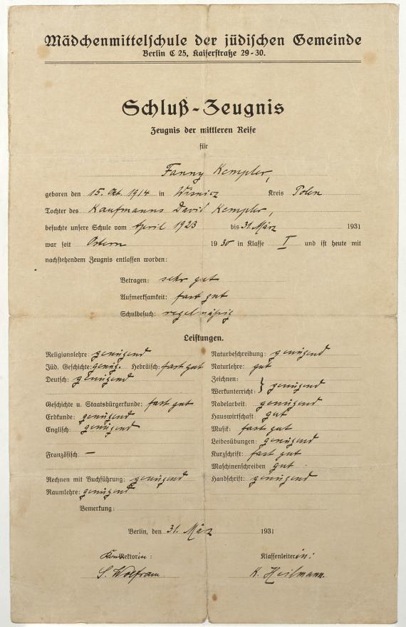 Final report for Fanny Kempler dated March 31, 1931 from the Girls' Secondary School of the Jewish Community in Kaiserstrasse, Berlin Mitte.