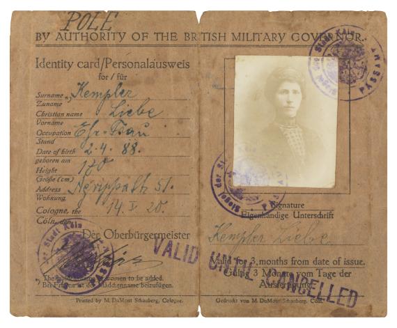Identity card of Liebe Kempler, issued by the British military administration in Cologne on January 14, 1920.