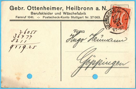 Geschäftspostkarte " Gebrüder Ottenheimer, Berufskleider-und Wäschefabrikfabrik, Heilbronn a. N. " - versandt am 20. November 1921 an " Hugo Heumann, Göppingen " 