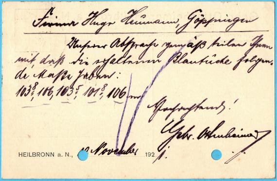 Geschäftspostkarte " Gebrüder Ottenheimer, Berufskleider-und Wäschefabrikfabrik, Heilbronn a. N. " - versandt am 20. November 1921 an " Hugo Heumann, Göppingen " - Kartenrückseite