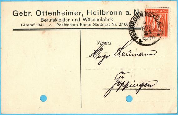 Geschäftspostkarte " Gebrüder Ottenheimer, Berufskleider und Wäschefabrik, Heilbronn a. N. " - versandt am 20. November 1921 an " Hugo Heumann, Göppingen "