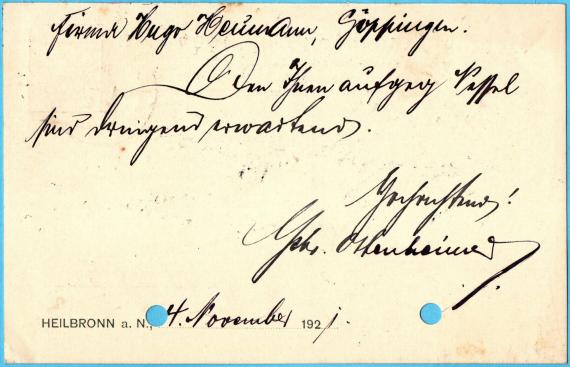 Geschäftspostkarte " Gebrüder Ottenheimer, Berufskleider und Wäschefabrik, Heilbronn a. N. " - versandt am 20. November 1921 an " Hugo Heumann, Göppingen "  -  Kartenrückseite