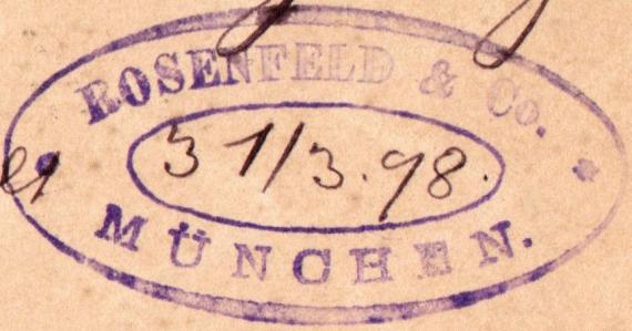 Postkarte geschäftlicher Art von " Rosenfeld & Co., München " - versandt am 31. März 1898 - Ausschnittvergrößerung Firmenstempel
