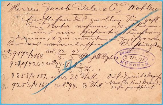Postkarte geschäftlicher Art von " Rosenfeld & Co., München " - versandt am 31. März 1898 - Kartenrückseite