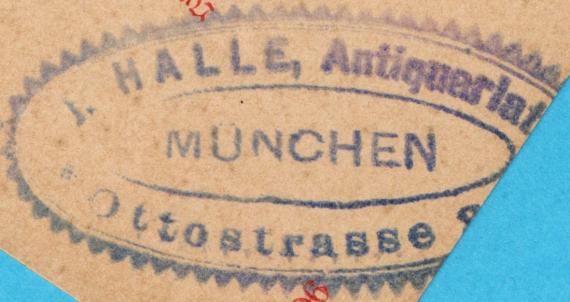 Postkarte - Julius Halle Postkarte geschäftlicher Art von " J. Halle, Antiquariat, München " - versandt am 6. Dezember 1906 - Ausschnittvergrößerung Geschäftsstempel