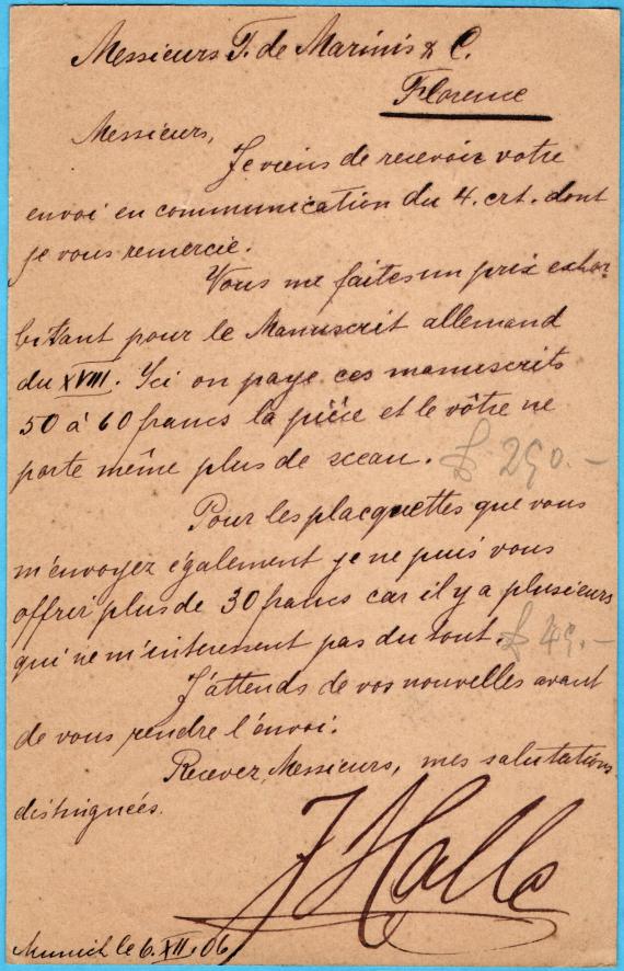 Postkarte - Julius Halle Postkarte geschäftlicher Art von " J. Halle, Antiquariat, München " - versandt am 6. Dezember 1906 - Kartenrückseite