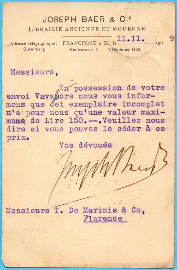 Geschäftspostkarte " Joseph Baer & Co. Frankfurt am Main, Librairie Ancienne et Moderne " - versandt am 11. November 1909  nach Italien  -  Kartenrückseite