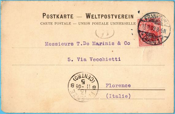 Geschäftspostkarte " Joseph Baer & Co. Frankfurt am Main, Librairie Ancienne et Moderne " - versandt am 11. November 1909  nach Italien