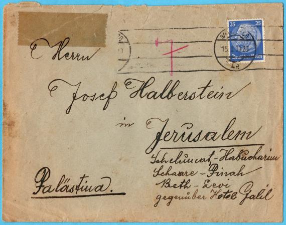 Briefumschlag - adressiert an Herrn Josef Halberstein, Jerusalem, Schehimat-Habucharim Schaare - Pinah Beth Levi gegenüber Hotel Galil - versandt von Wien am 15. Februar 1939