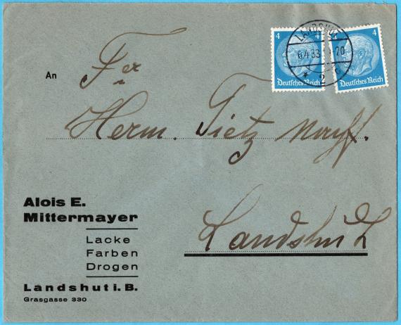 Briefumschlag - Hermann Tietz Nachfolger Briefumschlag an " Fa. Herm. Tietz Nachf., Landshut " - versandt am 6. April 1933