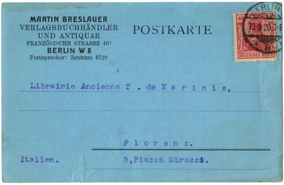 Geschäftspostkarte - Martin Breslauer Geschäftspostkarte - " Martin Breslauer, Verlagsbuchhändler und Antiquar, Französiche Straße 46/1, Berlin W 8 " - versandt am 13. September 1920