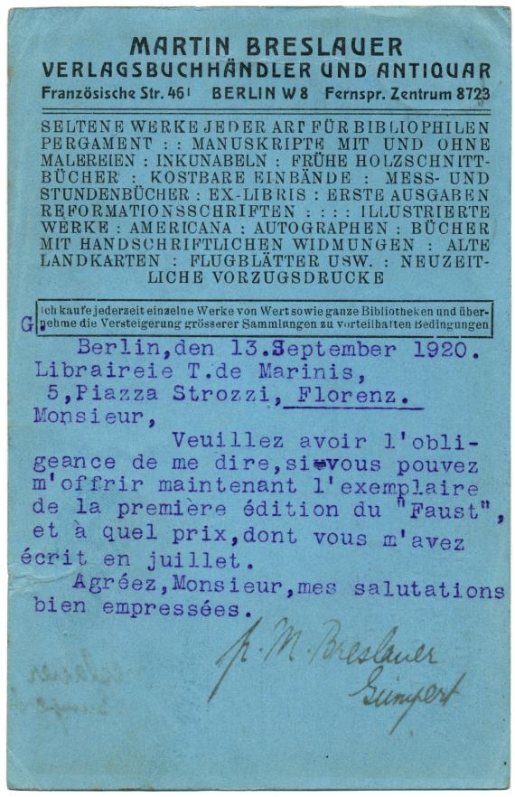 Geschäftspostkarte - Martin Breslauer Geschäftspostkarte - " Martin Breslauer, Verlagsbuchhändler und Antiquar, Französiche Straße 46/1, Berlin W 8 " - versandt am 13. September 1920 - Kartenrückseite