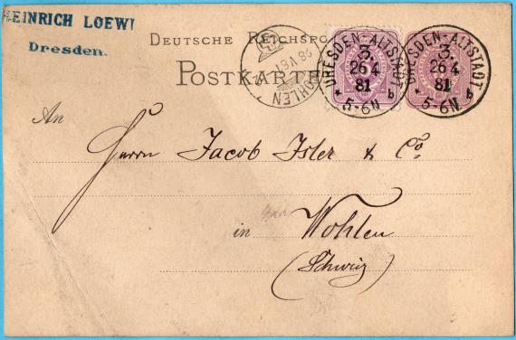 Postkarte - Heinrich Loewi Postkarte geschäftlicher Art von " Heinrich Loewi, Dresden " - versandt am 26. April 1881